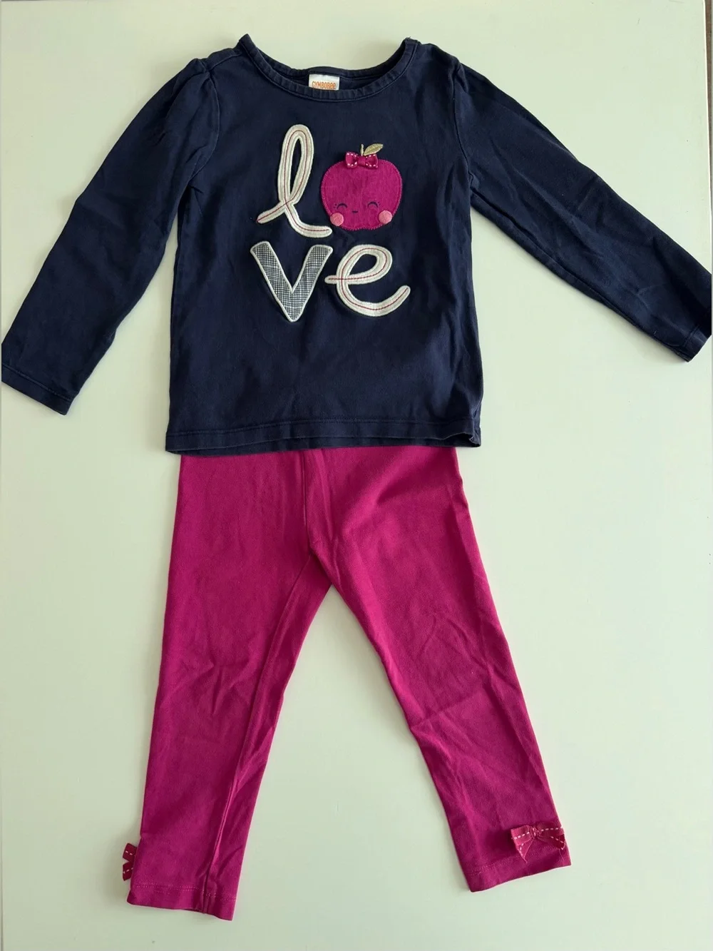 Gymboree 2T Set: Navy & Magenta LOVE Apple with bow leggings